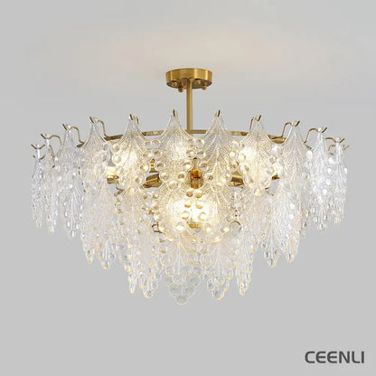 Tiered Carved Glass Chandelier 3 Tiers Φ 27.4″ x H 14.6″ / Dia 70cm x H 37cm / Gold Chandelier