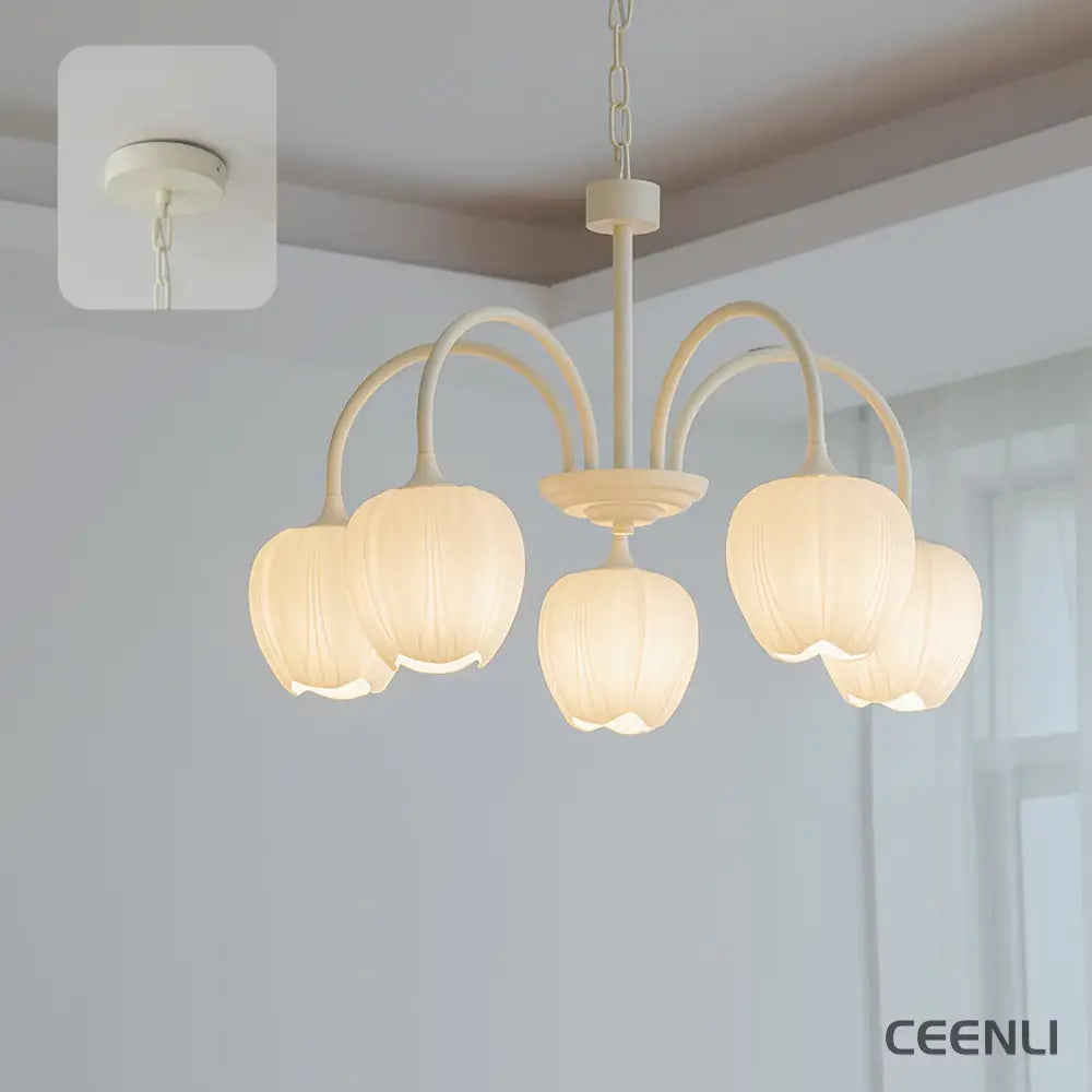 Tulip Matcha Chandelier 5 heads ∅ 24.4″ x H 15.7″ / Dia 62cm x H 40cm / Creamy white & White glass Chandelier