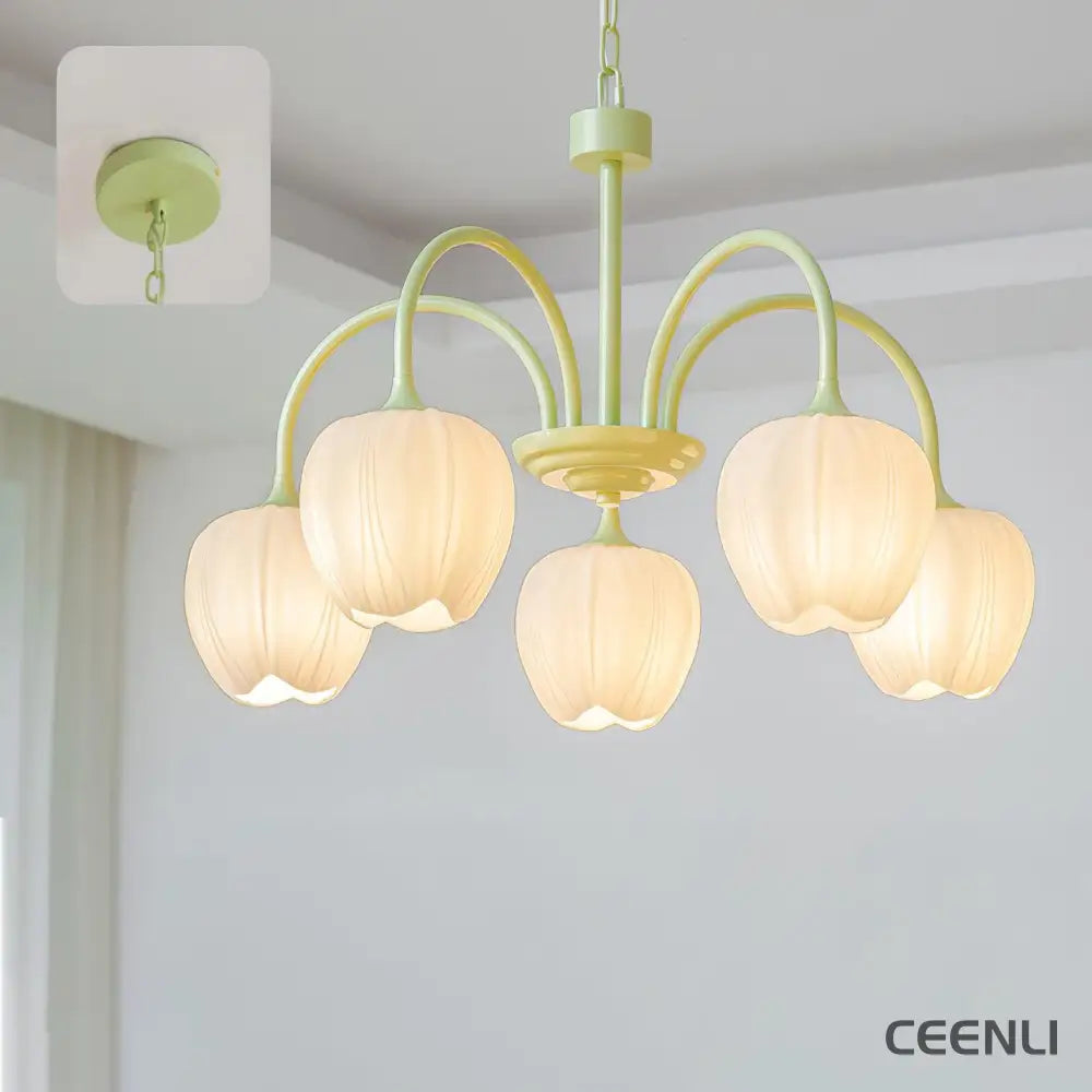 Tulip Matcha Chandelier 5 heads ∅ 24.4″ x H 15.7″ / Dia 62cm x H 40cm / Matcha & White glass Chandelier