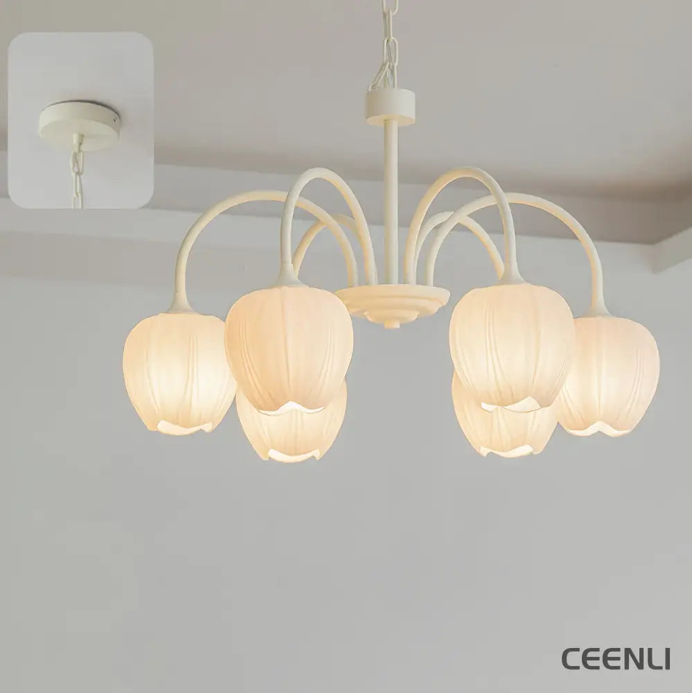 Tulip Matcha Chandelier 6 heads ∅ 25.6″ x H 15.7″ / Dia 65cm x H 40cm / Creamy white & White glass Chandelier