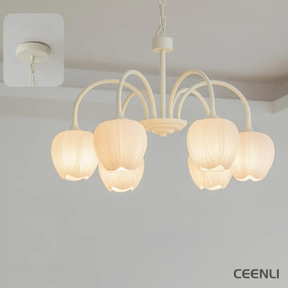 Tulip Matcha Chandelier 6 heads ∅ 25.6″ x H 15.7″ / Dia 65cm x H 40cm / Creamy white & White glass Chandelier