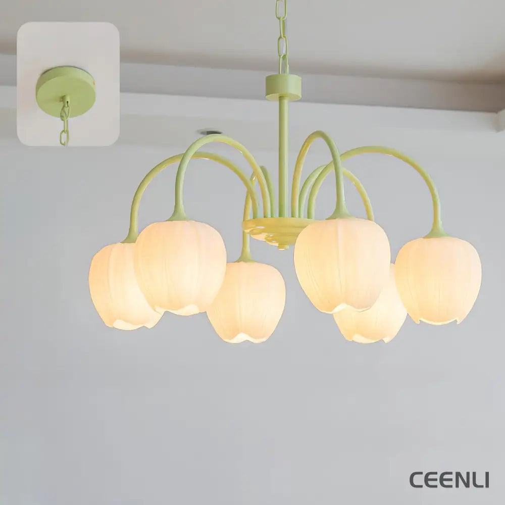 Tulip Matcha Chandelier 6 heads ∅ 25.6″ x H 15.7″ / Dia 65cm x H 40cm / Matcha & White glass Chandelier