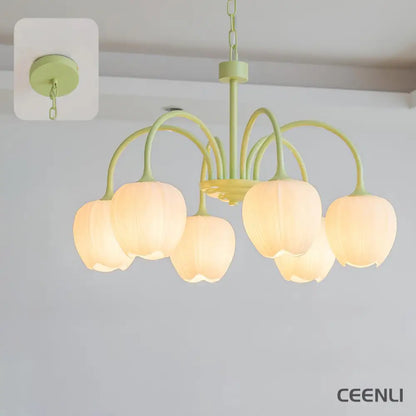 Tulip Matcha Chandelier 6 heads ∅ 25.6″ x H 15.7″ / Dia 65cm x H 40cm / Matcha & White glass Chandelier