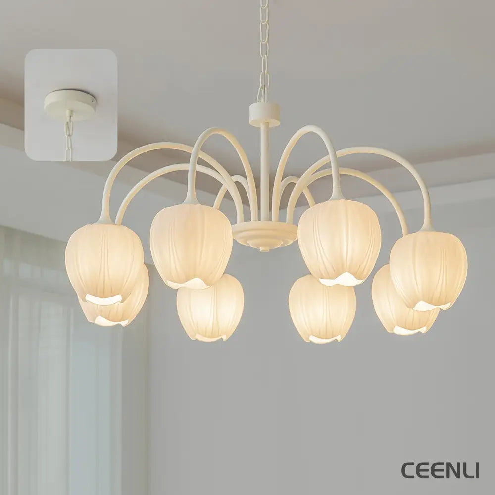 Tulip Matcha Chandelier 8 heads ∅ 30.7″ x H 15.7″ / Dia 78cm x H 40cm / Creamy white & White glass Chandelier