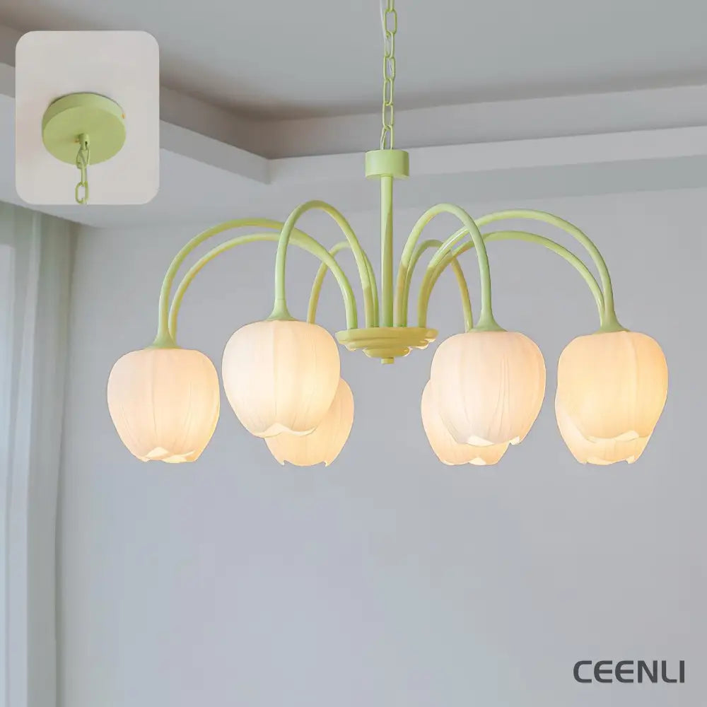 Tulip Matcha Chandelier 8 heads ∅ 30.7″ x H 15.7″ / Dia 78cm x H 40cm / Matcha & White glass Chandelier