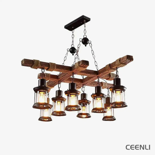 Vintage Wood Glass Chandeliers ∅ 26.8″ x H 14.6″ / Dia 68cm x H 37cm / Wood＆Black Chandelier